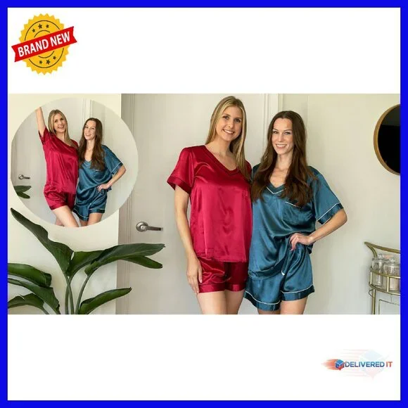 Silk Satin Pajama Set Short Sleeve V-Neck Lounge Sleepwear S-XXL